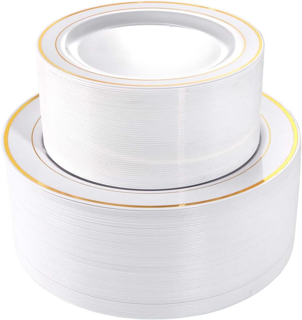 I00000 102 Pieces Gold Plastic Plates, Disposable Party Plates White Gold Rim, 51 Disposable Gold Dinner Plates 10.25 Inch and 51 Disposable Dessert Appetizer Elegant Fancy Wedding Plates 7.5 Inch