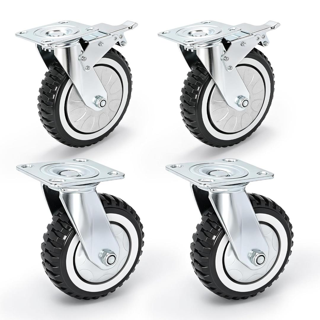 6 Inch Rubber Caster Wheels Heavy Duty Anti-Skid Swivel Casters 1653Lbs Silent Universal 360 Degree Rotation Ball Bearing Set of 4 (All Swivel,2 with Brake Lock, 2 Without)