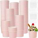 Cunhill 100 Pieces 8 oz Ice Cream Cups with 100 Pieces Spoons Ice Cream Containers Solid Color Disposable Sundae Cups Yogurt Dessert Bowls Party Supplies for Baby Shower Birthday Party (Pink)