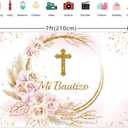 Lofaris Mi Bautizo Backdrop God Bless Ceremony Boho Floral Pampas Grass Gold Ring First Holy Communion Golden Glitter Baptism Photography Background Party Decoration Banner Photo Booth Prop 7x5ft