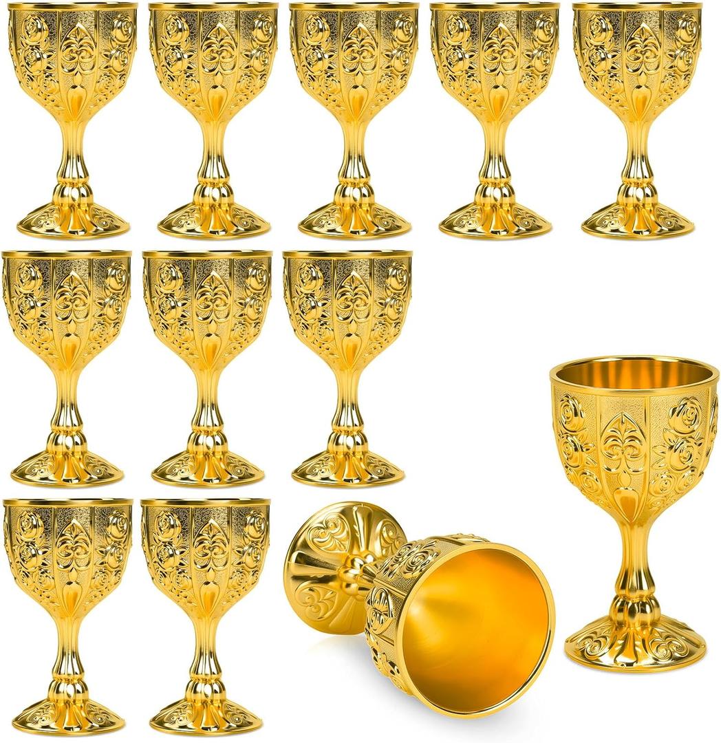 Eforcase 12Pcs Mini Chalice Goblet Gold Copper Wine Small Cup Medieval Vintage Goblet, Copper Metal Toasting Wine Chalice Flower Embossed Shot Glasses Cup for Communion Altar Drinking