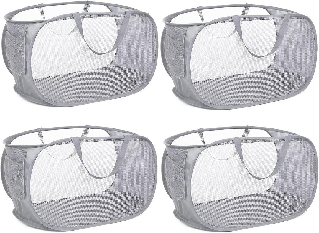 4 Pack Collapsible Laundry Baskets, Foldable Laundry Basket with Pocket, Durable Pop Up Hampers, Reinforced Handles Dirty Clothes Hamper for Laundry, Bedroom, Bathroom, Dorm, Travel or Camping Grey
