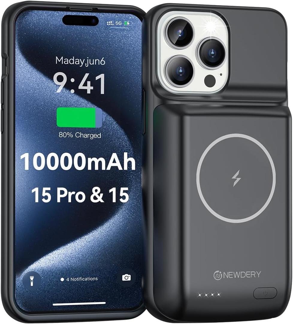 NEWDERY Battery Case for iPhone 15 Pro/iPhone 15 10000mAh, USB C Qi Wireless Charging Case, Portable Rechargeable Extended Charger Case Battery Pack - 2023 Release Black NEWDERY Battery Case for iPhone 15 Pro/iPhone 15 10000mAh, USB C Qi Wireless Charging Case, Portable Rechargeable Extended Charger Case Battery Pack - 2023 Release Black