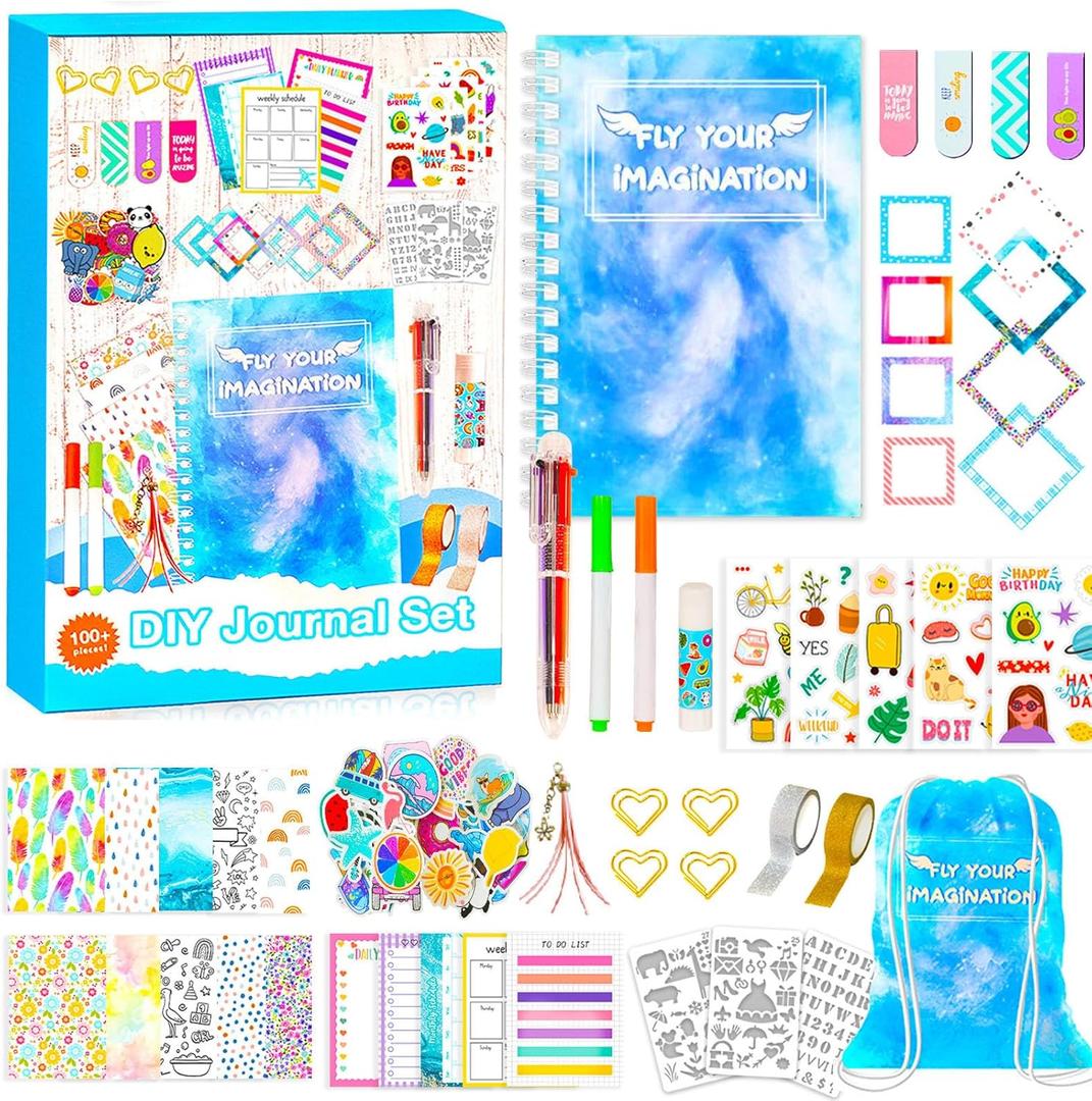 DIY Journal Set for Ages 8-14, Cool Birthday Gifts, Cute Journaling Art Crafts, Personalized Diary Scrapbook Supplies Kit, Ideal Girls Toys - Blue