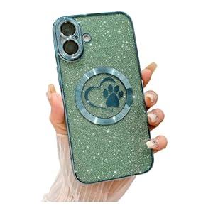 Weonmov Compatible for iPhone 16 Case Glitter Clear Paw Love Heart Compatible with MagSafe, Camera Lens Protection Soft Slim Thin Magnetic Bling Phone Case - Green