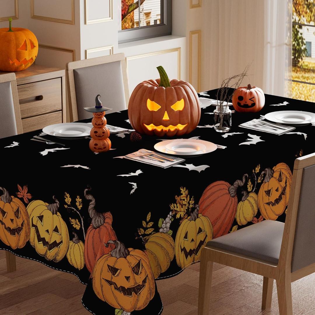 XCHI Black Spooky Pumpkin Halloween Tablecloth Rectangle Washable Table Covers for Indoor Outdoor Dining Home Party Decorations Table Cloth 52x70 Inch