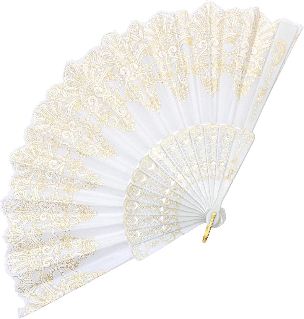 EOSAU Handheld Chinese Folding Fan Hand Fans for Women Foldable Bulk for Party Wedding Church Dancing (White)