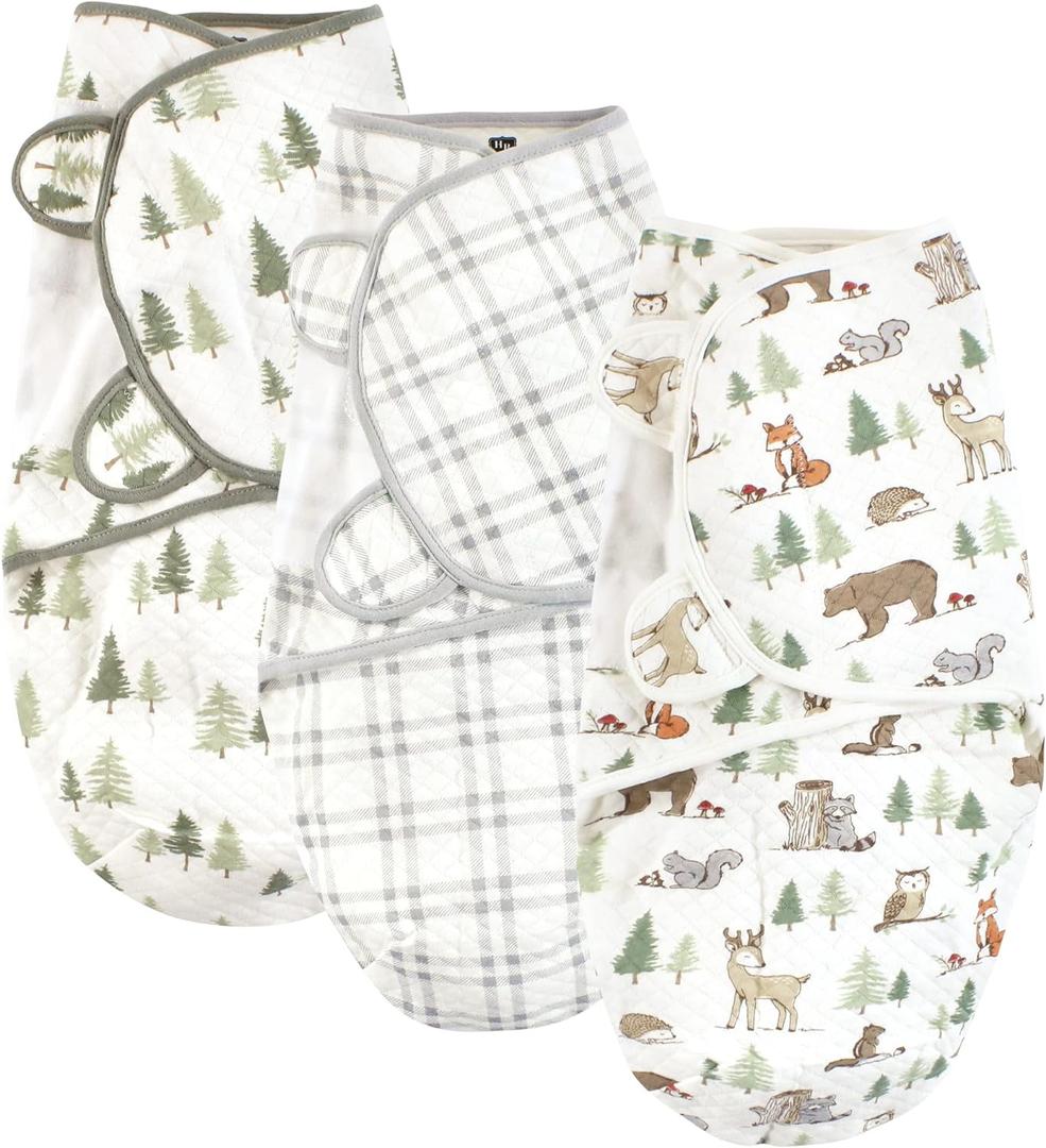 Hudson Baby Unisex Baby Quilted Cotton Swaddle Wrap 3pk, Forest Animals, 0-3 Months