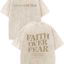 Christian Faith Over Fear Shirt for Men Jesus Religious Shirts Oversized Graphic Tees Acid Wash God T-Shirt (Beige, L)
