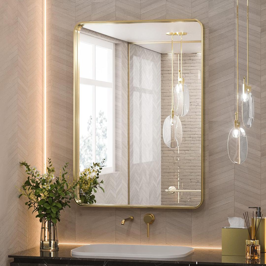 TETOTE Gold Framed Mirror for Bathroom, 22 x 30 Inch Vanity Mirror for Wall, Brushed Brass Rectangle Round Corner Entry Way Golden Frame Mirror 2 Inch Thick Frame(Horizontal/Vertical)
