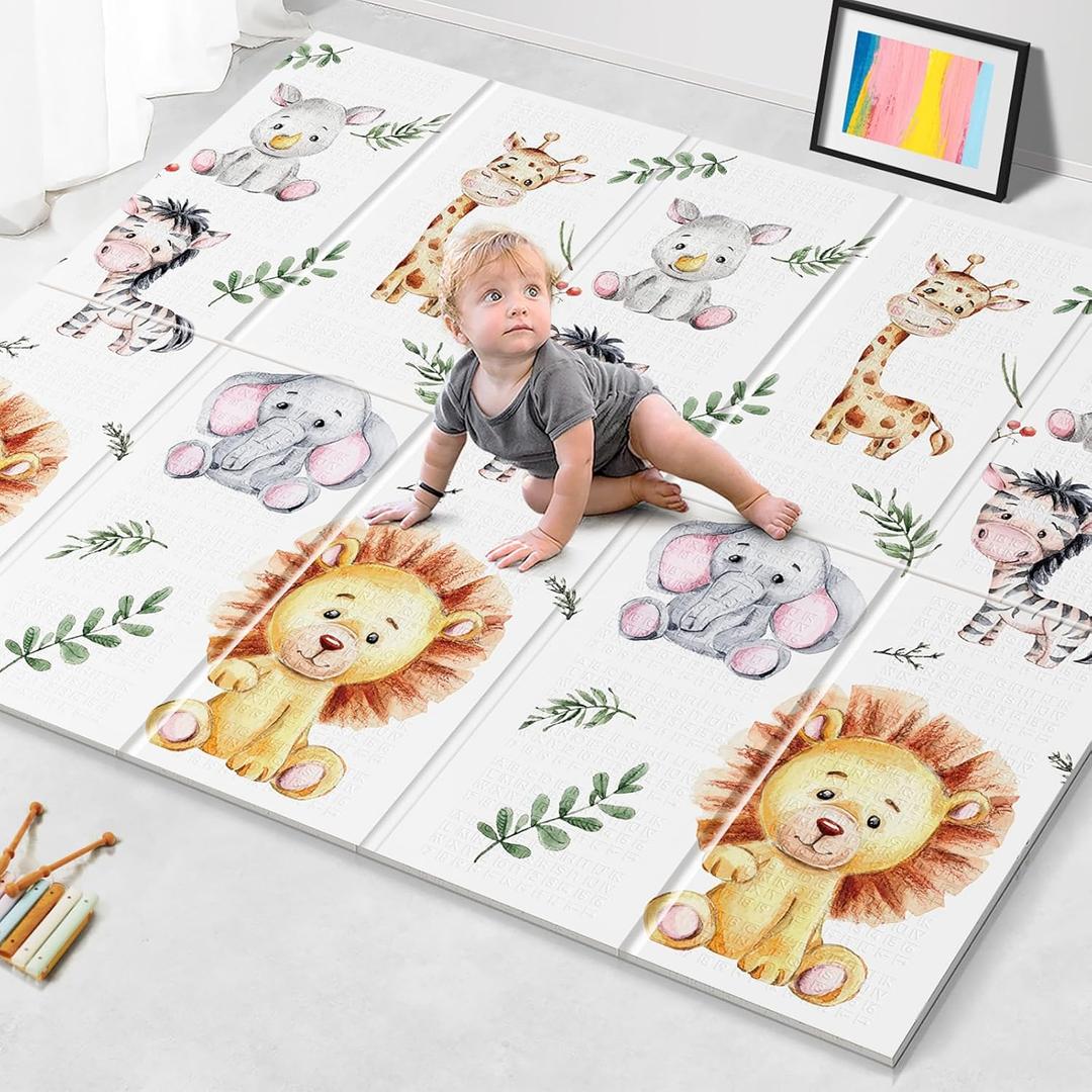 NOONKTY 79x71 Extra Large Baby Play Mat for Floor, Foldable Foam Playmat for Babies 0-12 Months & Kids, Non-Toxic Waterproof Baby Mat for Floor, Thick Playpen Mat for Tummy Time Crawling, Big Lions
