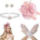 Heliltd 4Pcs Tea Party Fascinator Hat for Women Flower Fascinators for Women Feather Hat Lace Glove Pearl Jewelry Set (Pink)