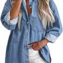 Astylish Women Denim Shirts Button Down Blouse V Neck Casual Tops, L