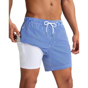 maamgic Mens Swim Trunks with Compression Liner 5 Inch, Quick Dry Bathing Suit with Zipper Pockets, No-Chafing Swim Shorts (XX-Large, Blue White Stripe)