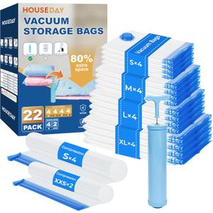 HOUSE DAY 22 Pack Vacuum Storage Bags with Pump,Space Saving Vacuum Seal Bags For Clothing Travel,4 Jumbo/4 Large/4 Medium/4 Small, 4S Roll/2XXS Roll Bags, Hand Pump Included, Sealer Clothes Storage