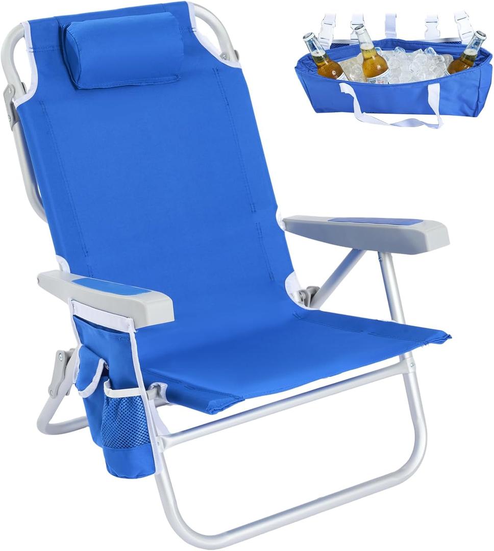 SUNNYFEEL Low Beach Chair, 5-Position Lay Flat Reclining, Backpack Portable Folding Chair with Cooler Bag & Cup Holder, Heavy Duty 350 LBS, Compact for Beach, Camping, Travel (New Blue)