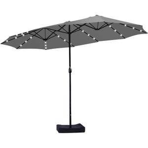 15ft Double Sided Patio Umbrella with Solar Lights, Outdoor Large Umbrellas with Crank Handle and 36 LED Lights, Rectangular Market Umbrella with Base Included for Deck Pool Shade (With Base)