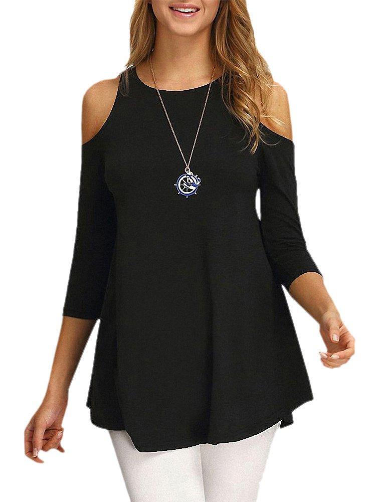 Afibi Womens Cold Shoulder 3/4 Sleeve Swing Tunic Tops for Leggings (X-Large, Black) (Black, XL)