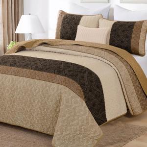 Boho Queen Quilt Set,Striped Plaid Bedspread Coverlet Set,Light Brown Bedding Set Soft Microfiber Bedding Set with 2 Pillow Shams 96"x90"