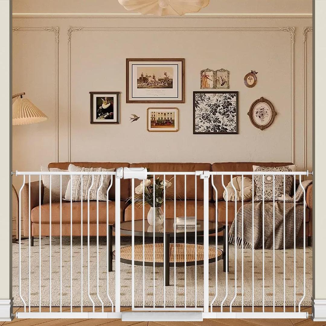 Baby Gate Extra Wide Fits 62.2"-71.65" Inch Opening - Dog Pet Gate for Doorways Stairs No Drilling Pressure Mounted - Large Child Safety Indoor Outdoor White