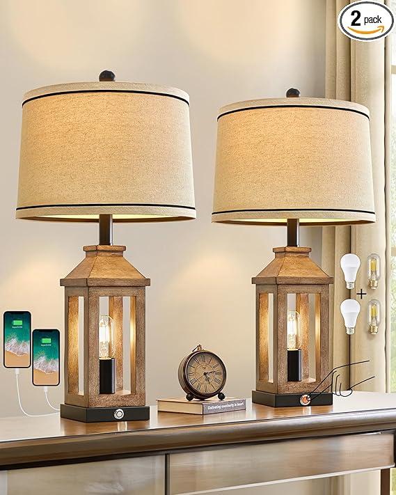 23.75" Farmhouse Dual USB Charging Ports 3-Way Dimmable Touch Control Table Lamp with Nightlight Vintage Modern Lamps for Living Room Bedroom