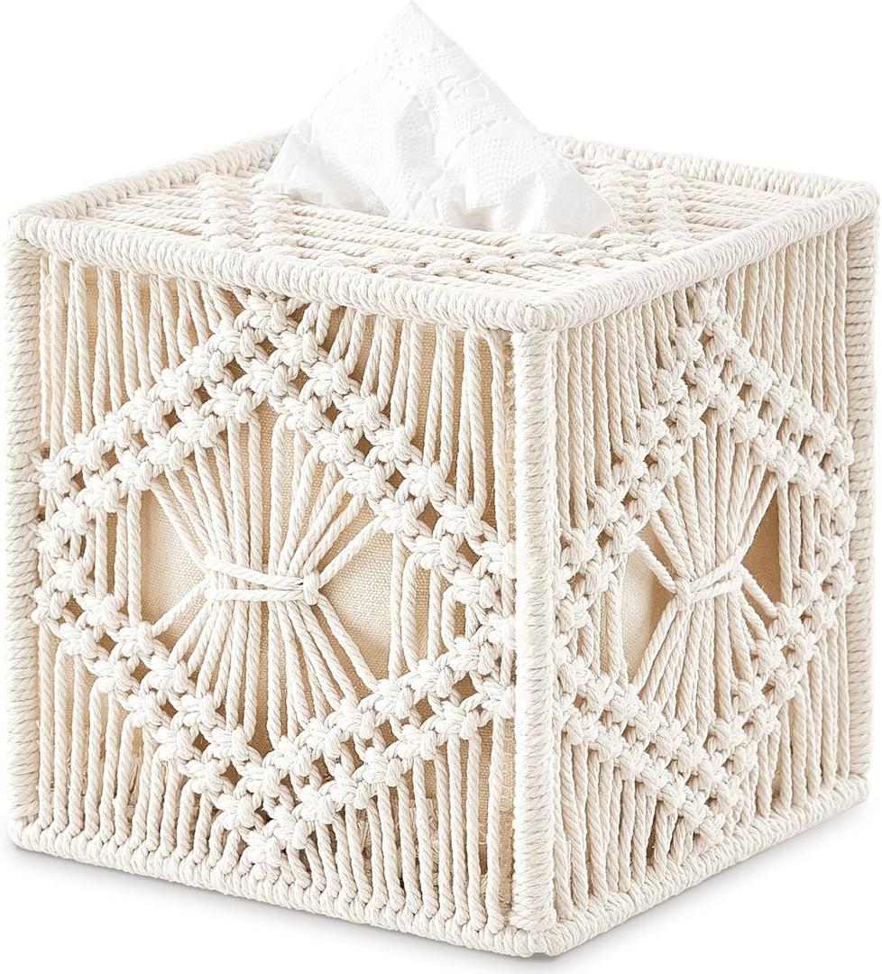 Mkono Tissue Box Cover Macrame Square Open-Bottom Tissue Box Holder Boho Decor Tissue Organizer Bohemian Handmade Woven Tissue Cube Box for Bathroom Bedroom Dresser Living Room Office Dorm, Ivory