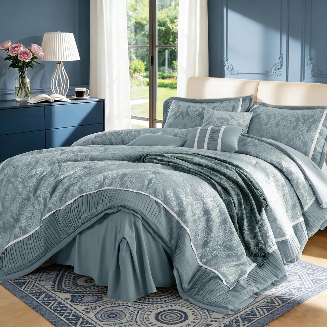 DEITAS Queen Size Comforter Set 7 Piece, Jacquard Woven with Damask, Bedding Set in a Bag Includes Soft Comforter, Bed Skirt, Pillow Shams, and Decorative Pillows, Blue
