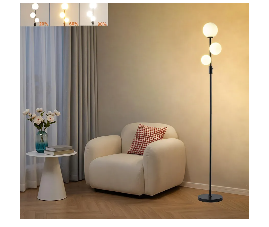 Fiqevs Upgraded Dimmable 3 Globe Mid Century Modern Floor Lamp, 3 x 3000K Warm Light LED Bulbs Included, Matt Black Standing Lamp with Sphere Glass Shade, Vintage Tall Lamp for Living Room, Bedroom