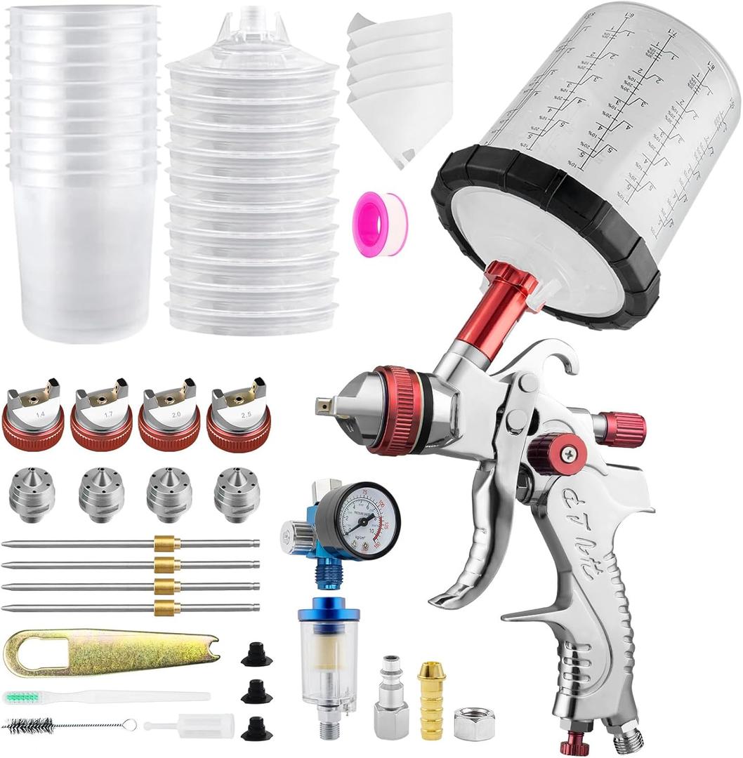 HVLP Spray Gun Kits, 1.4/1.7/2.0/2.5mm Nozzles with 650ml Mixing Cup & 10x Disposable Cups, Air Regulator, Paint Gun Automotive Gravity Feed Kit Cars Paint Gun, Furniture, Fence, DIY (Red)