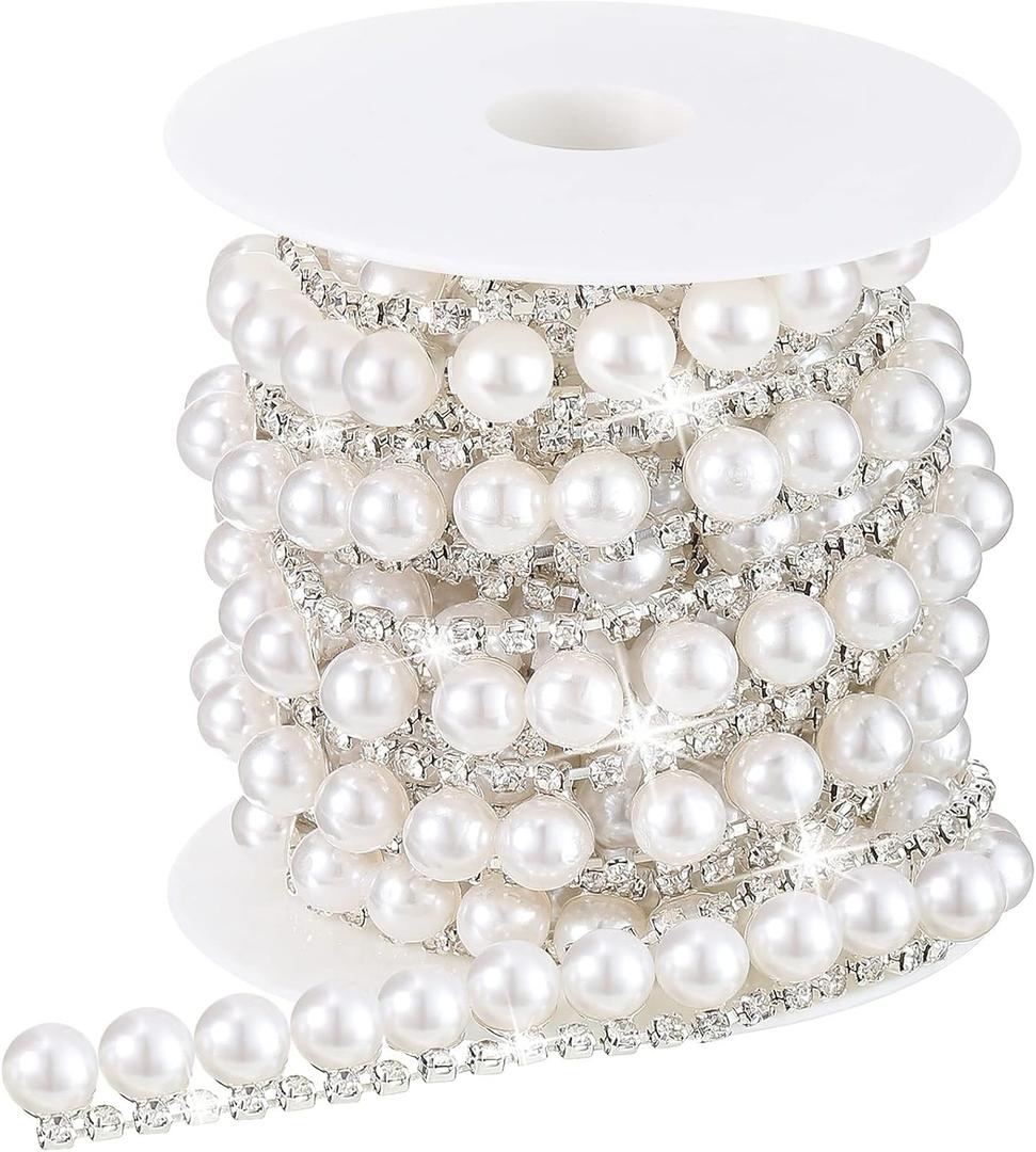 2 Yards Rhinestone Trim Pearls and Diamonds Crystal Chain Rhinestones Pearl Chain for Craft Rhinestone and Pearl Trim Applique Pearl Beaded Rhinestone Bridal Embellishments for Wedding (Classic Style)