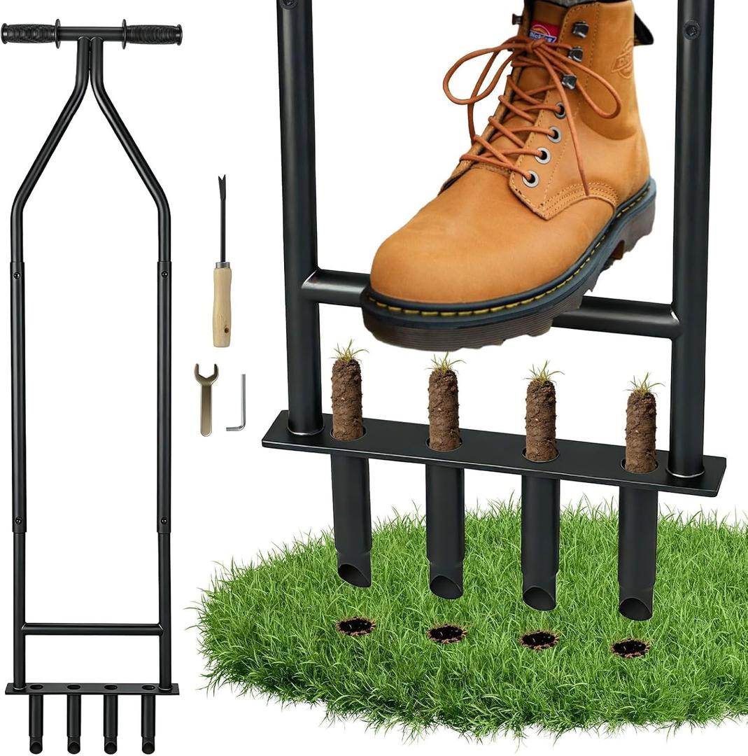 Manual Lawn Aerator Tool, Heavy Duty Detachable Iron Grass Aerator with Root Weeder, Reducing Soil Compaction, Yard Aeration Tool for Garden & Lawn Care