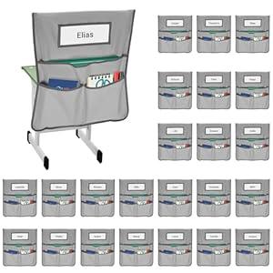 24 Pack Chair Pockets for Classrooms, 20 x 17 Inch Seat Sacks for Classroom Chairs k-2 with Name Slots, Tags and 3 Pockets, Suitable for Kindergarten, School, Home, Office 