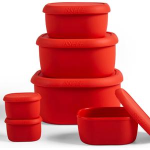 ISSEVE 6Pcs/Set Nesting Silicone Food Storage Containers with Lids, BPA Free Reusable Meal Prep Silicone Containers Lunch Box Bento Box Set (33.8oz, 20oz, 10oz, 6.7oz, 1.3oz) (Red)
