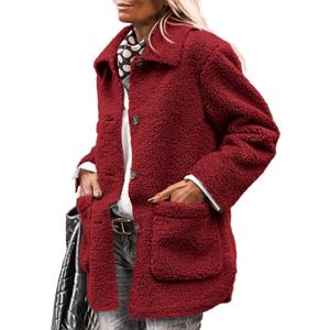 PRETTYGARDEN Women's Winter Faux Fur Coats Long Sleeve Lapel Button Down Pockets Fleece Sherpa Jacket Casual Trendy Outerwear (Medium, Jujube Red)