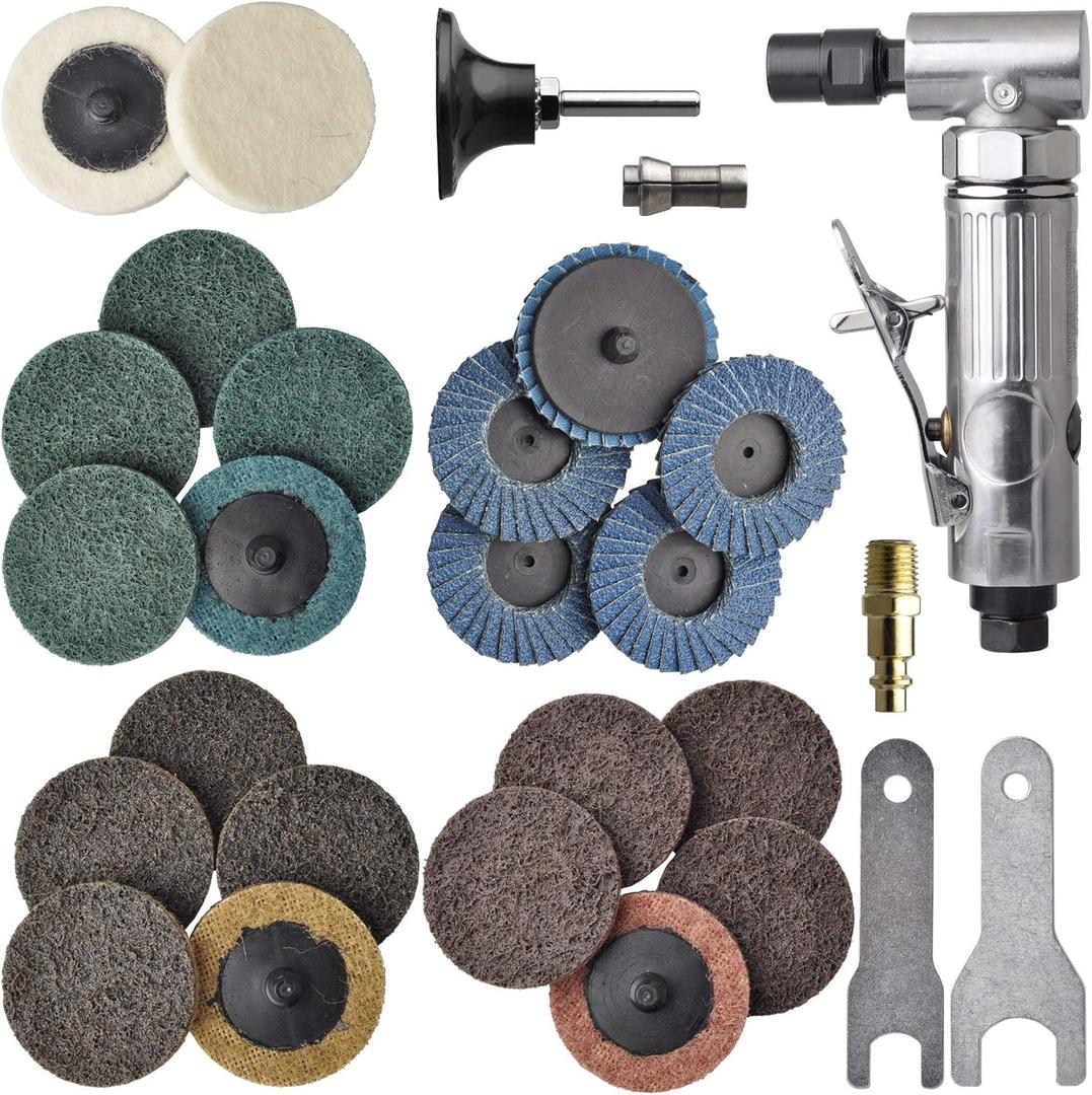 1/4 Inch Angle Air Die Grinder with 22 Pcs 2-Inch Roll Sock sanding Discs, Polished Color Angle Pneumatic Die Grinder, Air Die Grinder Kit