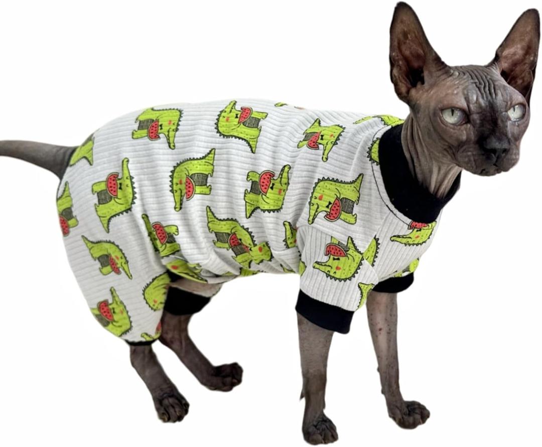 Sphynx Cat Four Leg Cotton Pajamas Elastic Pet Clothes for Hairless Cats Surgery Recovery Suit Undershirt Clothes for Sphynx, Devon, Cornish (Crocodile, M) (M (5.5-6.6 lbs))