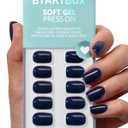 BTArtbox Press On Nails Short - Haunted Sapphire, Dark Blue Navy Press On Nails with Glue for Women, Winter Opaque Soft Gel Glue On Nails in 15 Sizes - 30 Stick On Nails Kit