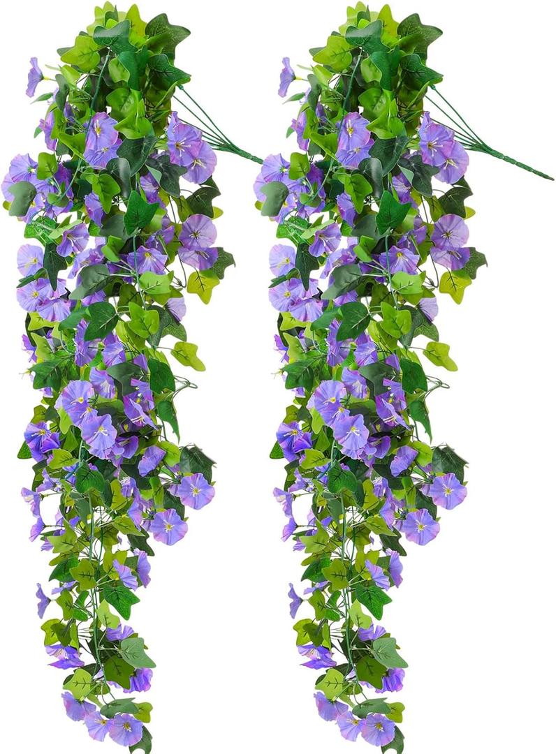 2 Pcs Artificial Fake Hanging Flowers Plants 41'' Faux Silk Petunia UV Resistant Fake Morning Glory Long Trailing Vines for Spring Outside Front Porch Patio Balcony Decoration(Purple)