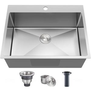 24x18 Inch Drop in Kitchen Sink, 9 Inch Deep 16 Gauge SUS304 Stainless Steel Brushed Nickel Top Mount Bar RV Laundry Utility Sink,Handmade Outdoor Single Bowl Small Kitchen Sink with Strainer, 24x18x9inch Drop in
