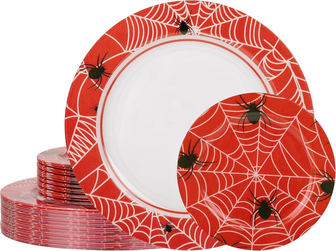 WELLIFE 20PCS Spider Web Party Plates  Red Plastic Dinner & Dessert Plates for Kids Birthday, Spider Theme Parties & Superhero Party Supplies