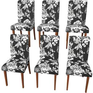 Stretch Dining Chair Covers Set of 6,Floral Print Chair Covers,Soft Removable Washable,Pet Friendly Furniture Protector,Universal Chair Slipcovers for Home, Kitchen,Ceremony Dining Room Seat (Black Base White Rose)