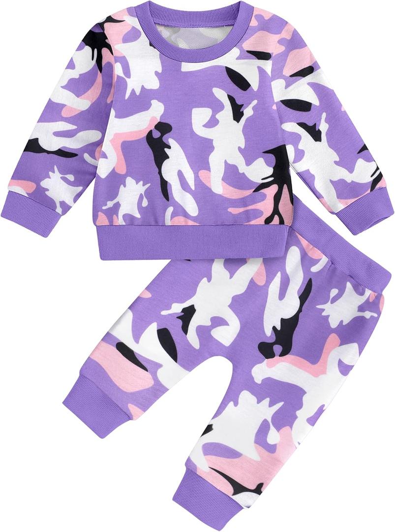 2 x WIQI Toddler Baby Girl Clothes Cute Print Long Sleeve Pullover Sweatshirt Pants Fall Outfits Set (12-18 Months, Purple)