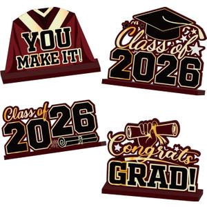 4 PCS Class of 2026 Wooden Graduation Centerpieces, Black and Red Graduation Table Centerpieces with Jack Base, Congrats Grad Sign for Class of 2026 Celebrations Party Decorations Supplies