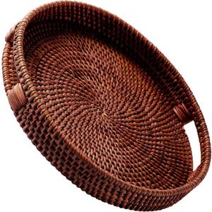 JUNGLE CULTURE Large Rattan Serving Tray  Round Table Basket  Wicker Ottoman Trays with Handles for Coffee Table, Bed Side or Couch  Flat Circle Woven Tray (Natural Chestnut Brown, 13.9")