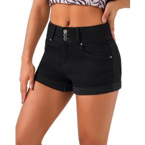 roswear Women's High Waisted Stretchy Denim Shorts Cuffed Jean Shorts, Black, XL