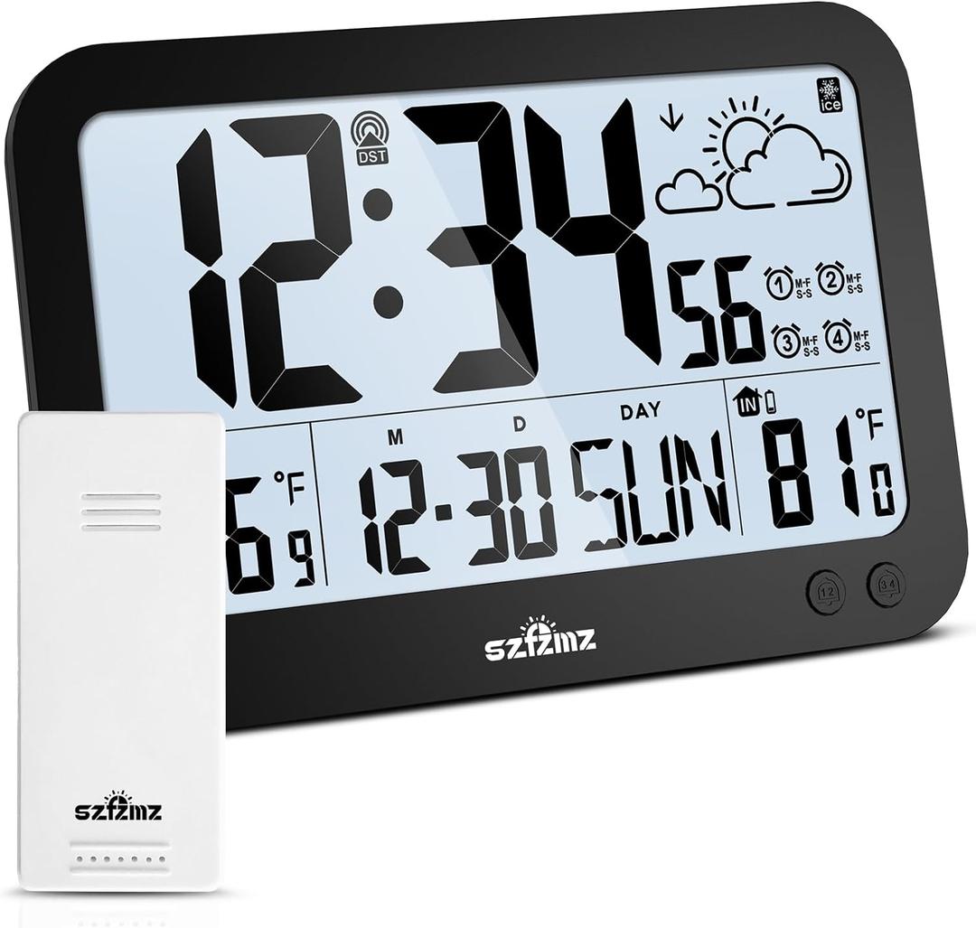 Atomic Clock,10" Digital Clock Large Display, Wall Clocks Battery Operated with Backlight, Wireless Outdoor Sensor, Alarm Clock Indoor Outdoor Temp, 4 Time Zones, Auto DST, Clock for Bedroom (Black)