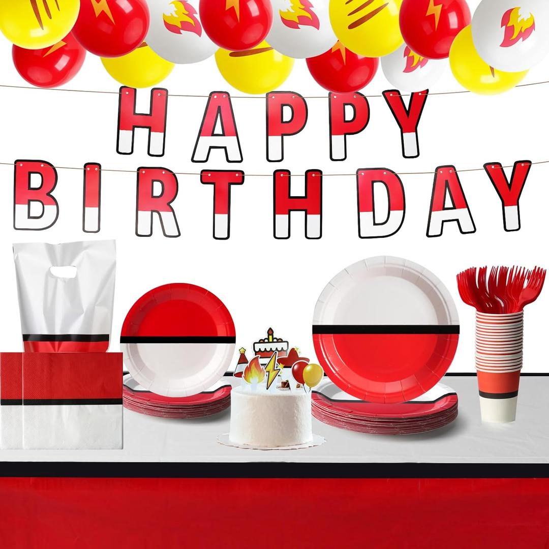 Birthday Party Supplies Kit,188Pcs Anime Themed Disposable Tableware Kit with Plates, Napkins Cups Forks Tablecloth Banner Balloons & Gift bags, Cartoon Birthday Decorations Set for 24 Guests