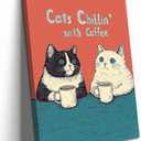 Funny Cat Drinking Coffee Wall Art, Cute Black and White Cats Kitchen Wall Decor, Quirky Animal Poster Canvas Paintings Prints Aesthetic Pictures for Dining Room Cafe Bar 16x24 inch Framed