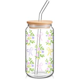 Hoolerry Coquette Bow Aesthetic Cup, 16 oz Dainty Glass Cup in Pink with Lid and Straw, Vintage Coquette Aesthetic Drinking Jar for Girls Women Valentines Birthday Party Favors(Bow Plant)