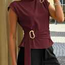 PRETTYGARDEN Women Blouses Spring Dressy Cap Sleeve Mock Neck Work Shirts Buckle Tunic Summer Business Casual Tops 2026 (L)